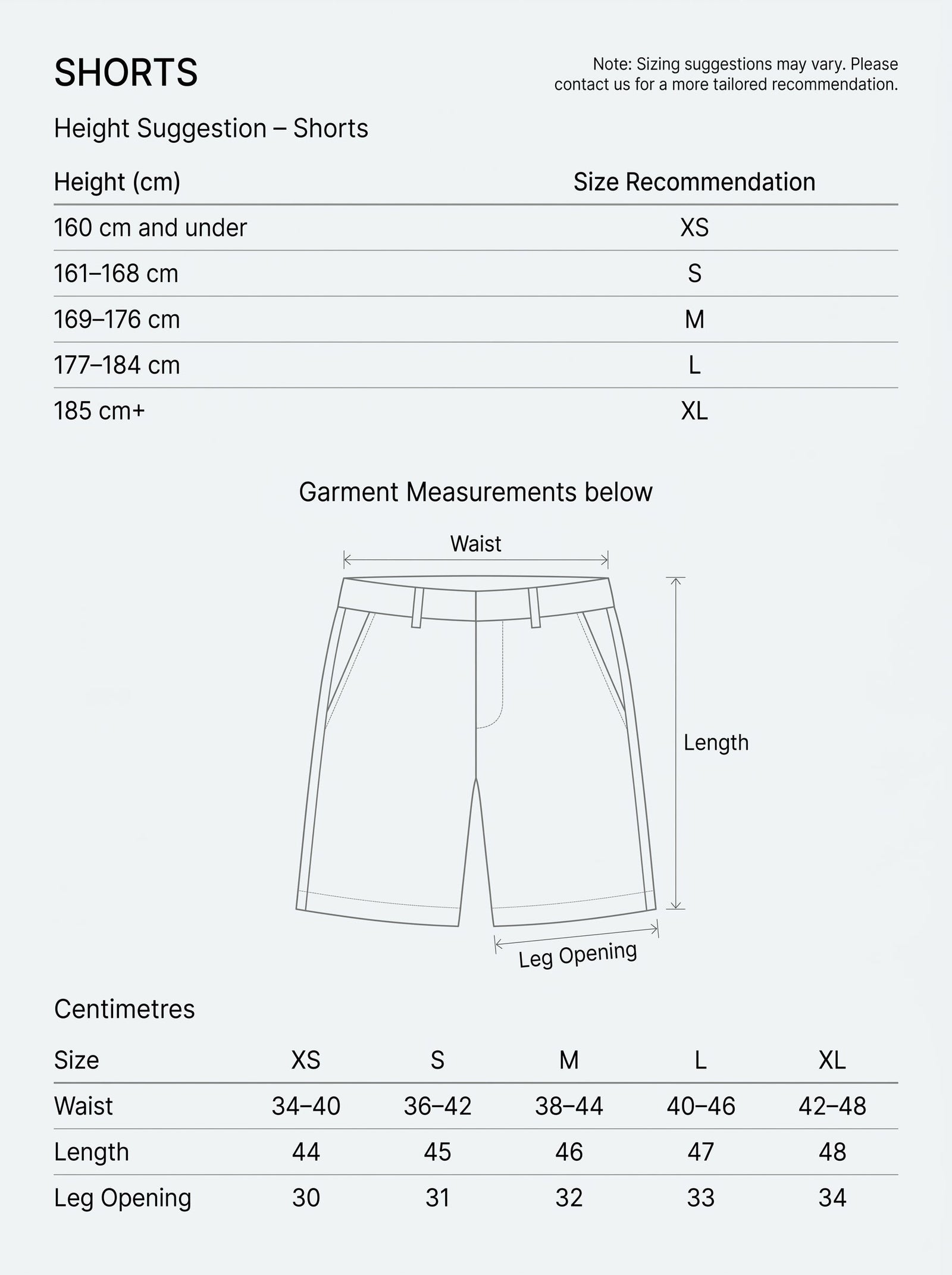 Summer shorts size chart